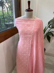 Peachish Pink Suit Set with Gold Thread & Sequin Work in Pure Mul
