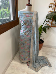Ice Blue Suit Set with Thread Embroidery in Mul Cotton