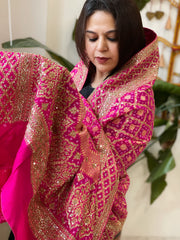 Pink Handwoven NeemZari Bareek Bandhani with Sequin, Dabka Handwork in Pure Georgette