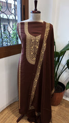Chocolate Brown Winter Suit Set with Aari Work in Pashmina Wool