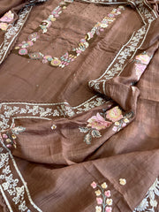 Brown Suit Set with Thread Handwork and Parsi Gara Dupatta in Mul Cotton