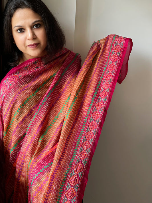Pink, Orange Handmade Kantha Dupatta in Silk