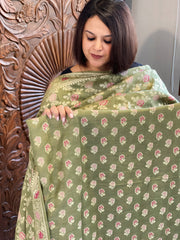 Pista Green Woven Suit Set with Zari and Meenakari in Weaving in Pure Moonga Silk
