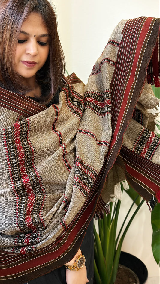 Brown Handwoven Woollen Kutchi Shawl