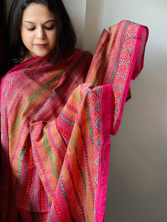 Pink, Orange Handmade Kantha Dupatta in Silk