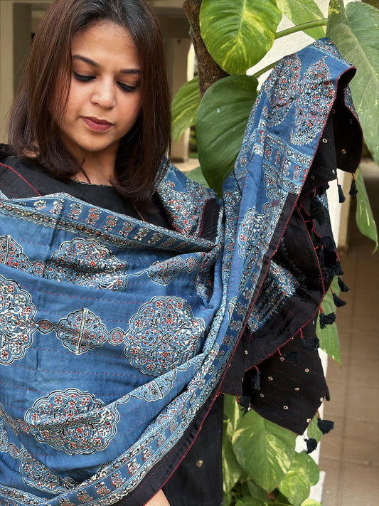 Blue Ajrakh Handblock Printed Silk-Woollen Shawl