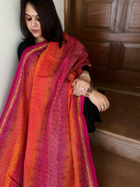 Orange, Pink Handmade Kantha Dupatta in Silk