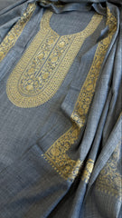 Bluish Grey Winter Suit Set with Aari Work in Pashmina Wool