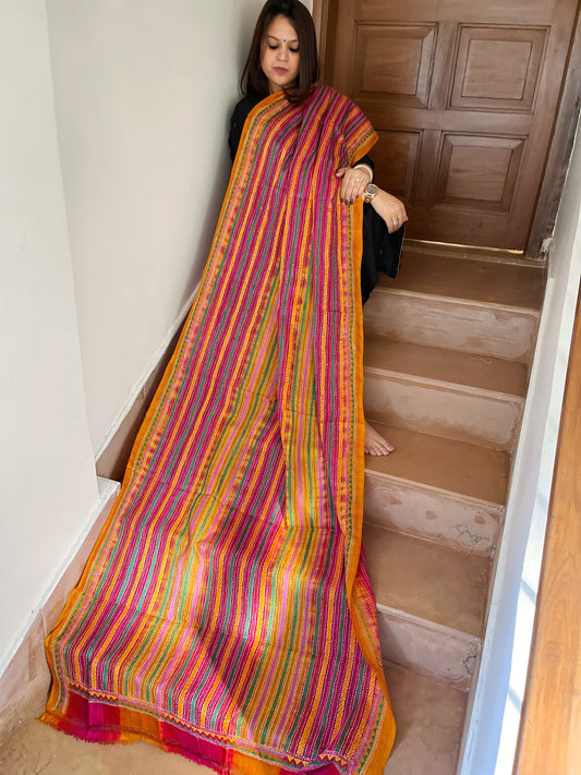 Yellow, Pink Handmade Kantha Dupatta in Silk