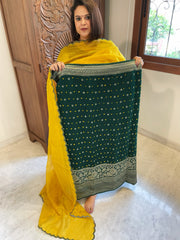Bottle Green Handwoven Kadwa Banarasi with Hand Bandhani Suit Set in Pure Silk