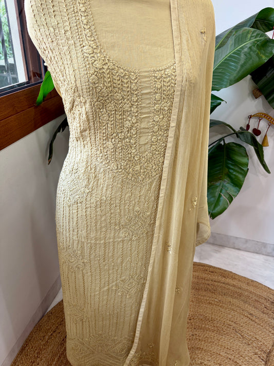 Yellowish Beige Suit Set with Lucknowi Handwork in Pure Mul Cotton