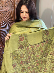 Leaf Green Suit Set with Kantha Handwork in Pure Tussar Silk
