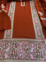 Rust Winter Suit Set with Aari Work in Pashmina Wool