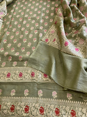 Pista Green Woven Suit Set with Zari and Meenakari in Weaving in Pure Moonga Silk