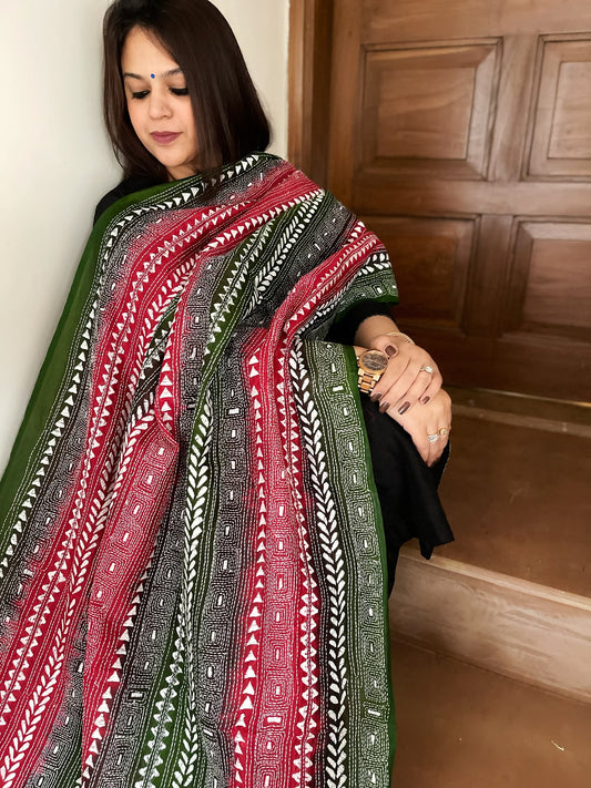 Green, Pink Handmade Kantha Dupatta in Silk