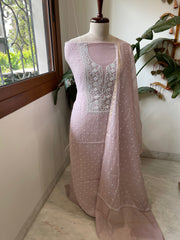 Pinkish Mauve Suit Set with Pearl, Cut Daana and Lucknowi Thread Handwork  in Pure Mul Chanderi