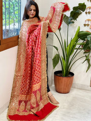Tomato Red Handwoven NeemZari Bareek Bandhani with Sequin, Dabka Handwork in Pure Georgette