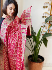 Pink Woven Bandhej Banarasi Dupatta in Fine Georgette with Pearl, Sequin, Dabka Work