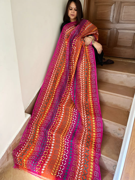 Orange, Pink Handmade Kantha Dupatta in Silk