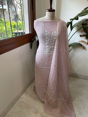 Pinkish Mauve Suit Set with Pearl, Cut Daana and Lucknowi Thread Handwork  in Pure Mul Chanderi