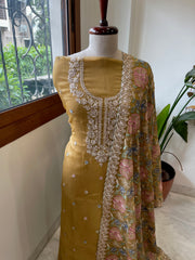 Mustard Suit Set with Thread Embroidery and Pitta Work in Georgette