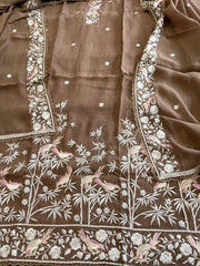 Brown Suit Set with Parsi Gara Embroidery Dupatta in Mul Cotton