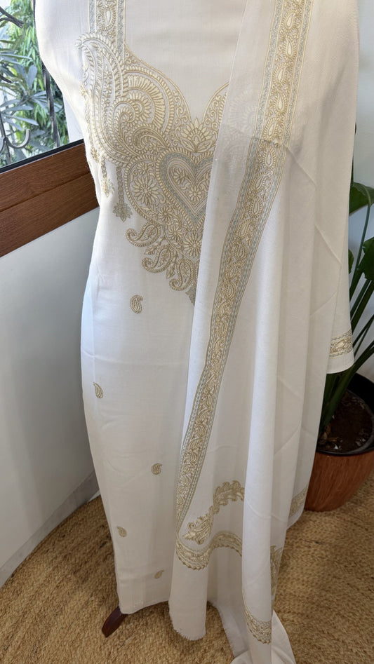 White Winter Suit Set with Aari Work in Pashmina Wool
