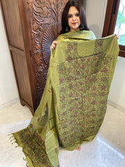 Leaf Green Suit Set with Kantha Handwork in Pure Tussar Silk