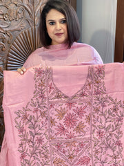 Pink Suit Set with Kantha Handwork in Pure Tussar Silk