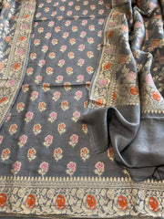 Grey Woven Suit Set with Zari and Meenakari in Weaving in Pure Moonga Silk