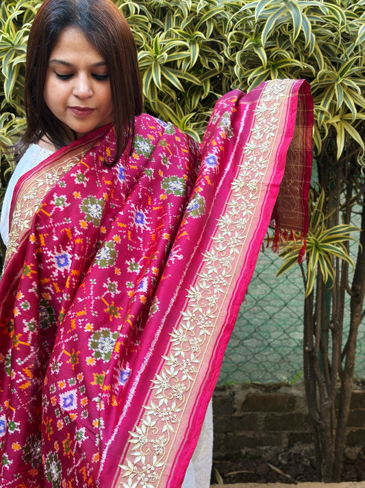 Pink Handwoven Ikat Patola with Gotapatti & Pearl Handwork dupatta in Pure Silk