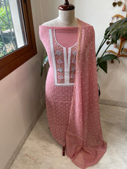 Carrot Peach Suit Set with Pearl, Cut Daana and Thread Handwork  in Pure Mul Chanderi