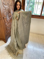 Dusty Green Suit Set with Kantha Embroidery in Pure Tussar Silk