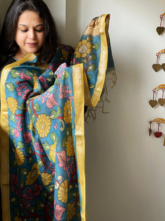 Handpainted Kalamkari Dupatta in Chanderi Silk