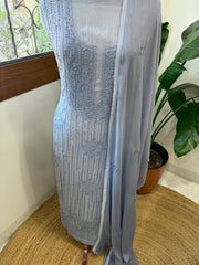 Powder Blue Suit Set with Lucknowi Handwork in Pure Mul Cotton