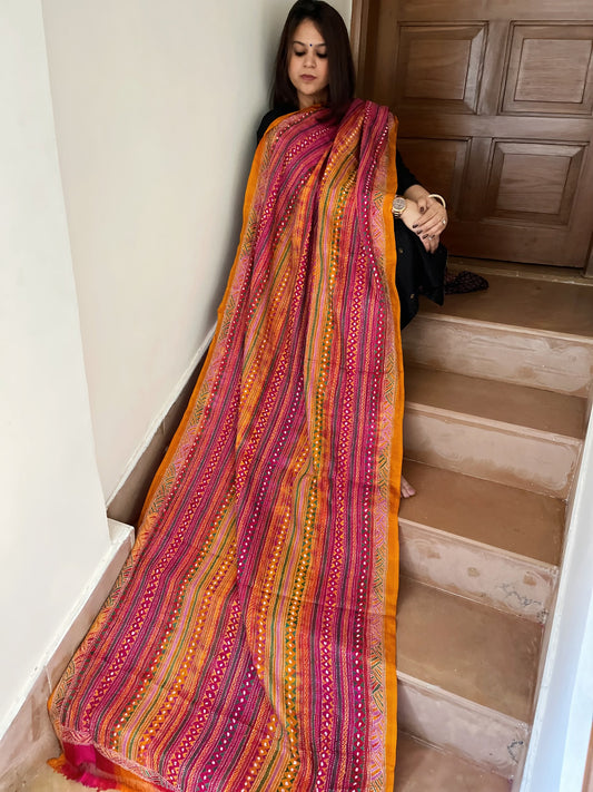 Mustard, Pink Handmade Kantha Dupatta in Silk