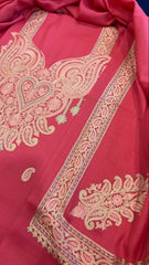Pink Winter Suit Set with Aari Work in Pashmina Wool