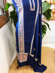 Navy Blue Winter Suit Set with Aari Work in Pashmina Wool