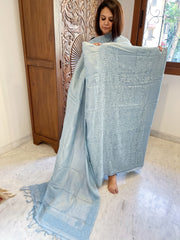 Powder blue Suit Set with Lucknowi Handwork in Pure Tussar Silk