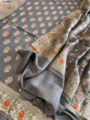 Grey Woven Suit Set with Zari and Meenakari in Weaving in Pure Moonga Silk