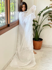 White Kota Cotton Dupatta with Thread Embroidery