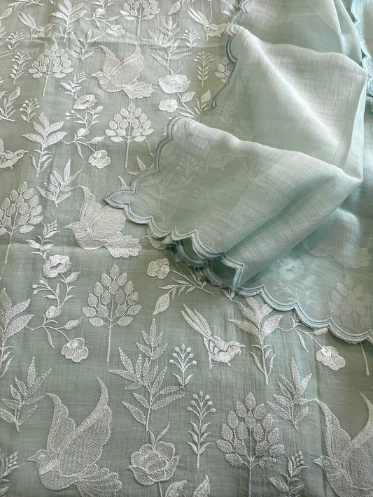 Aqua Suit Set with Thread Embroidery in Pure Mul