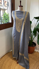 Powder Blue Winter Suit Set with Aari Work in Pashmina Wool