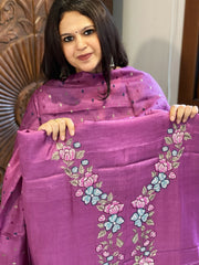 Purple Suit Set with Cross-Stitch Embroidery in Pure Tussar Silk