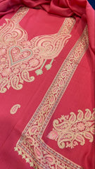 Pink Winter Suit Set with Aari Work in Pashmina Wool