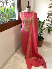 Peachish Pink Winter Suit Set with Aari Work in Pashmina Wool