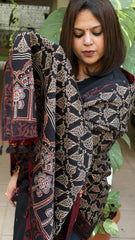 Black Ajrakh Handblock Printed Silk-Woollen Shawl