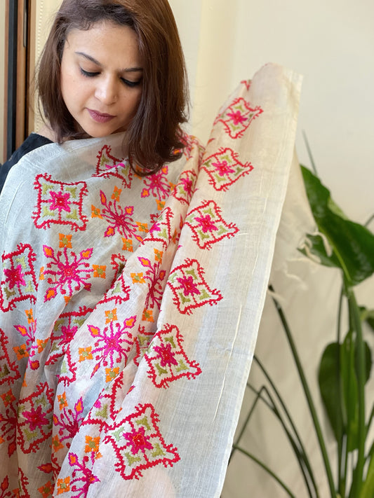 Tussar Silk dupatta with Patola Style Thread Embroidery
