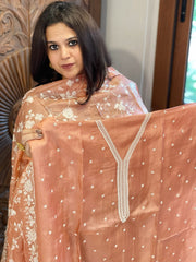 Dark Peach Suit Set with Thread Embroidery in Pure Tussar Silk