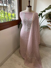 Pinkish Mauve Suit Set with Pearl, Cut Daana and Lucknowi Thread Handwork  in Pure Mul Chanderi